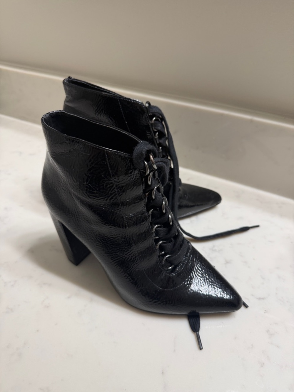 Zara Black Patent Lace-Up Pointed Ankle Boots
